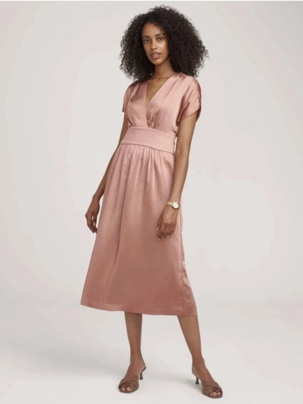 Anne Klein | Rose Anise Satin Tie-Waist Midi Dress 14 NWT